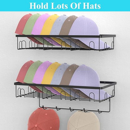 HuggieGems Metal Hat Organizer for Wall, Adhesive or Drill, Hat Rack Storage for Baseball Caps, 2 Ways of Installation, 2 Pack, Black