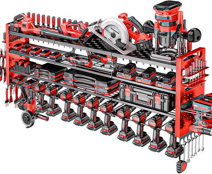 49.8" W Large Power Tool Organizer Wall Mount, Heavy Duty Tool Organizer with 14 cordless Drill Holder, 4 Layers Garage Organization and Storage Rack, Tool Rack for Garage Workshop, Red