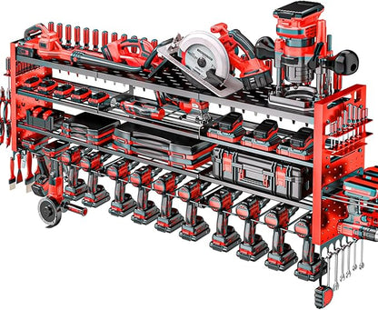 49.8" W Large Power Tool Organizer Wall Mount, Heavy Duty Tool Organizer with 14 cordless Drill Holder, 4 Layers Garage Organization and Storage Rack, Tool Rack for Garage Workshop, Red
