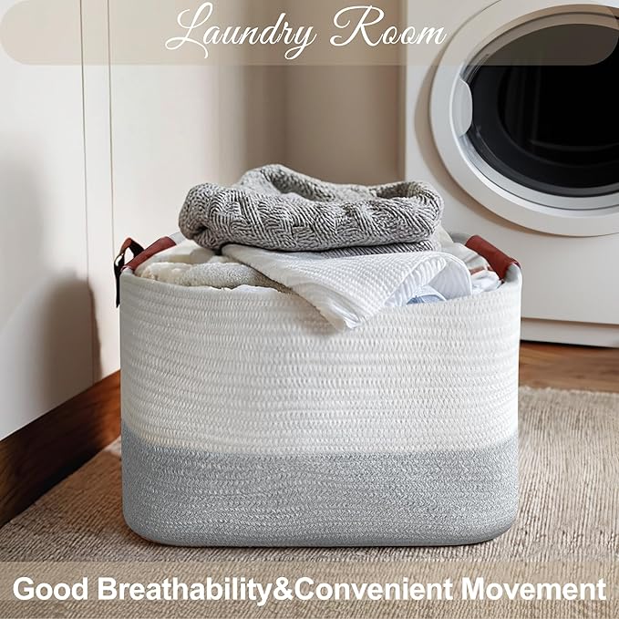 Large Cotton Rope Storage Basket with Leather Handles, Laundry Hamper Basket, 20 "L x 14" W x 12 "H, Durable & Stylish Organizer for Home.(Large Light Gray )