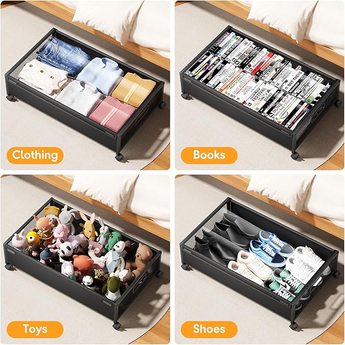 Under Bed Storage with Wheels，4 Pack Under Bed Storage Containers,Underbed Shoe Storage Bedroom Large Capacity Under Bed Storage with Lid for Clothes Shoes Toys Blankets