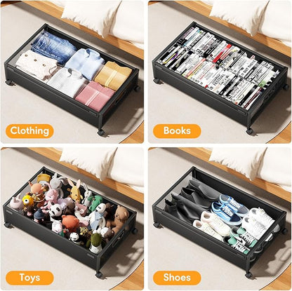 Under Bed Storage with Wheels，4 Pack Under Bed Storage Containers,Underbed Shoe Storage Bedroom Large Capacity Under Bed Storage with Lid for Clothes Shoes Toys Blankets
