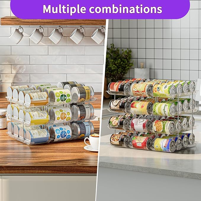 Can Organizer for Pantry, Upgraded Thickened Modular 4 Tier Combinable Can Storage and Beverage Dispenser Rack, Canned Food Organizer Holds 48 Cans, Clear Can Holders for Pantry and FridgeFridge