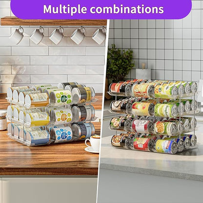 Can Organizer for Pantry, Upgraded Thickened Modular 3-Tier Combinable Can Storage and Beverage Dispenser Rack,Canned Food Organizer Rack Holds 36 Cans, Clear Can Holders for Pantry and Fridge