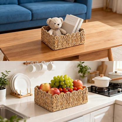 Scalloped Basket, Wicker Storage Baskets, Hand Woven Baskets for Shelves,Natural Baskets for Organizing (Water Hyacinth&M-14" L x 10.5" W x 6" H)