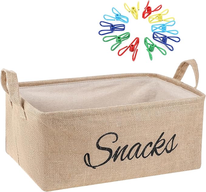 Newtay 17 Pcs Snack Basket Sets, Snack Storage Bin for Pantry Shelves with 16 Pcs 2 Inch Chip Clips, Basket Organizer for Kitchen Home, Chips, Popcorn, Candy, Pretzels(Burlap,Khaki)