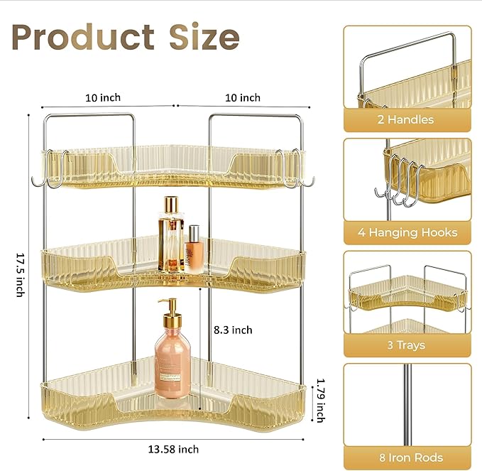 3 Tiers Bathroom Corner Organizer (Gold, 3-Tier)