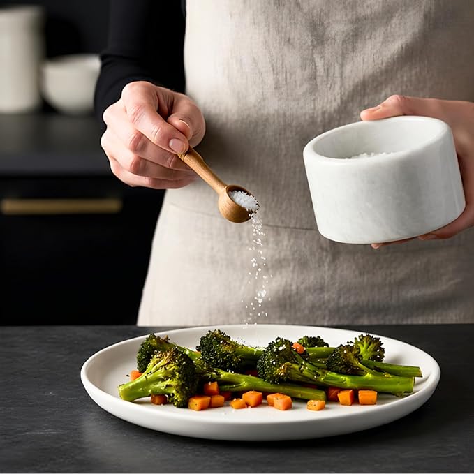 Marble salt cellar with lid and spoon, salt container with spoon, salt bowl with acacia wood lid, salt holder for countertop, salt jar - White