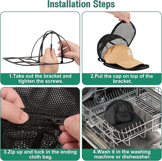 NAZZO Hat Washer for Dishwasher Washing Machine, Hat Cleaner Protector Holder for Curved Caps with Mesh Bag, Foldable Cap Washer Frame Cage Universal Adult Kids Basketball Cap, Black, 2 Pack