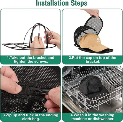 NAZZO Hat Washer for Dishwasher Washing Machine, Hat Cleaner Protector Holder for Curved Caps with Mesh Bag, Foldable Cap Washer Frame Cage Universal Adult Kids Basketball Cap, Black, 2 Pack