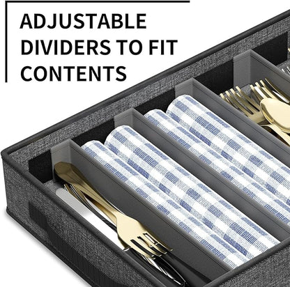 Aokeyee 2-Pack Silverware Storage Box, Sturdy Flatware Organizer with 5 Compartments & Adjustable Dividers, Utensil Case with Clear Lid & Handle for Knives, Forks & Spoons, Gray