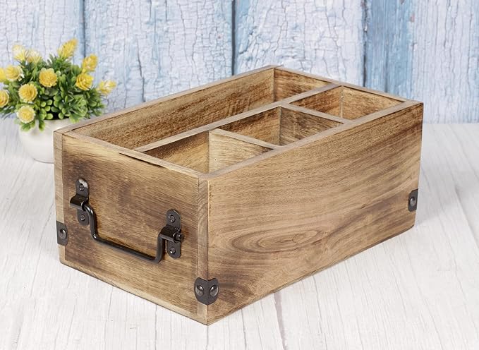 Mother's Day Gifts Wooden Kitchen Utensil Holder With 4 Compartments Wood Cutlery Utensil Organiser Flatware Caddy Organizer for Party | Silverware Condiment Organizer with Napkin Holder for Dining