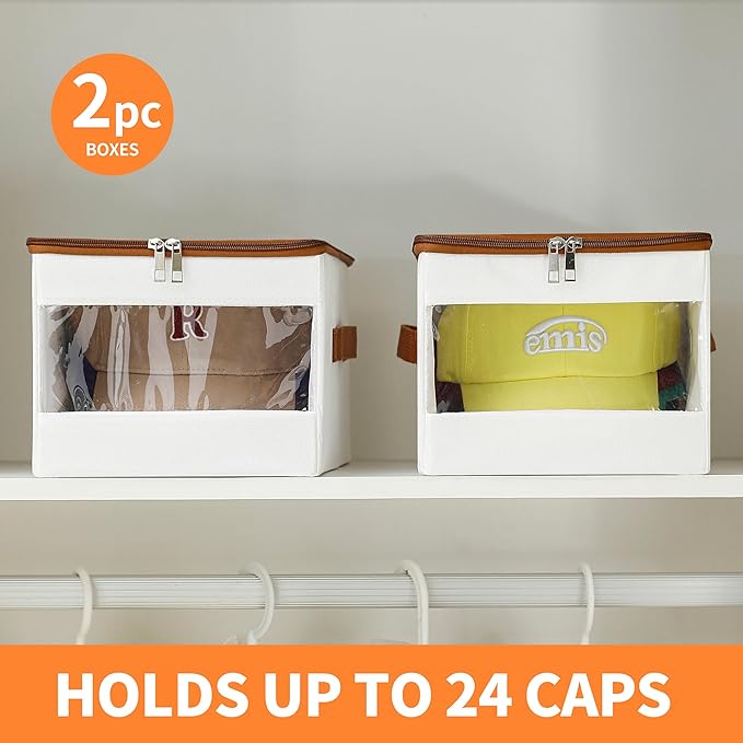 Stackable Hat Organizer for Baseball Caps, Hat Storage Holder Container for Closet Hold Up to 12 Caps with Clear Window, Hat Boxes for Home Storage (White, 2 Packs)