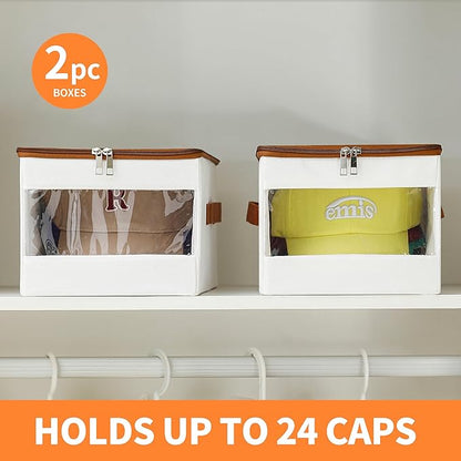 Stackable Hat Organizer for Baseball Caps, Hat Storage Holder Container for Closet Hold Up to 12 Caps with Clear Window, Hat Boxes for Home Storage (White, 2 Packs)