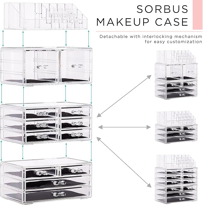 Sorbus Large Makeup Organizer - Clear Stackable Jewelry Makeup Organizer for Vanity, Bathroom Storage Display Case - 12 Drawers Cosmetic Beauty Organizers and Storage with Lipstick Makeup Brush Holder