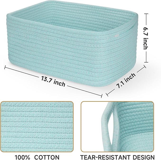 3-Pack Storage Baskets for Organizing | Woven Shelf Toy Basket | Rope Baskets for Gifts Empty | Closet Organizer Bins with Handles | Cube Decorative Box | 13.7×7.1×6.7” | Light Blue