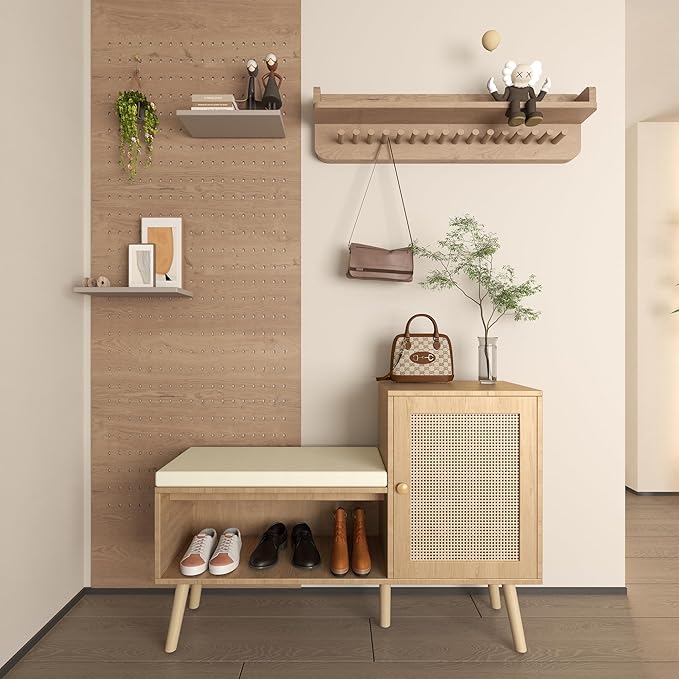 2-in-1 Shoe Storage Bench, Rattan Shoe Cabinet with 2 Adjustable Shelves and Removable Seat Cushion, Modern Entryway Bench, Shoe Storage Organizer, Shoe Rack for Hallway, Bedroom
