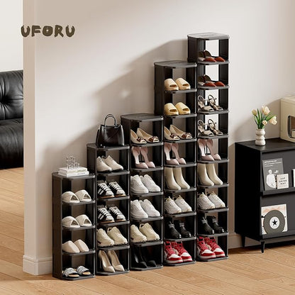 UFORU Small Shoe Rack, 7 Tier Plastic Vertical Shoe Rack for Small and Narrow Spaces, Free Standing Shoe Organizer for Closet, Entryway (Black)