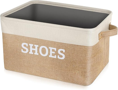 Lukeline Fabric Shoe Basket for Entryway, Hallway or Mudroom - Flodable Space-Saving Storage Bin for Closet, Decorative Home Decor (Beige)