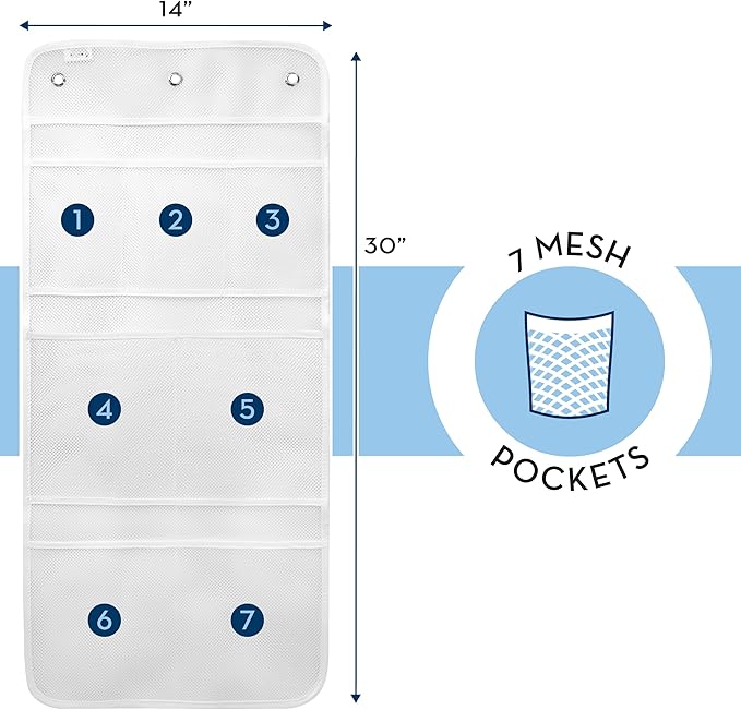 S&T INC. Shower Organizer, Shower Caddy or Bathroom Organizer with Quick Drying Mesh, 7 Pockets to Hold Shampoo, Soap, Loofah, and Cruise Ship Essentials, 14 Inch by 30 Inch, White, 2 Pack