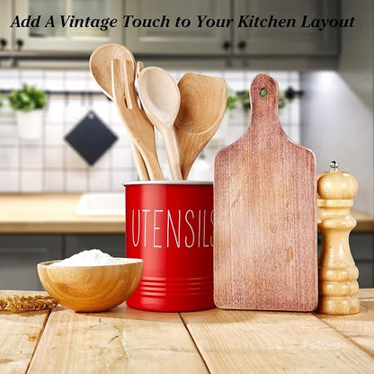 Bivvclaz Kitchen Utensil Holder - 6.7" Utensil Holder for Kitchen Counter - Cooking Utensil Crock with Cork Bottom - Red Decor and Accessories - Countertop Utensil Storage Caddy Organizer