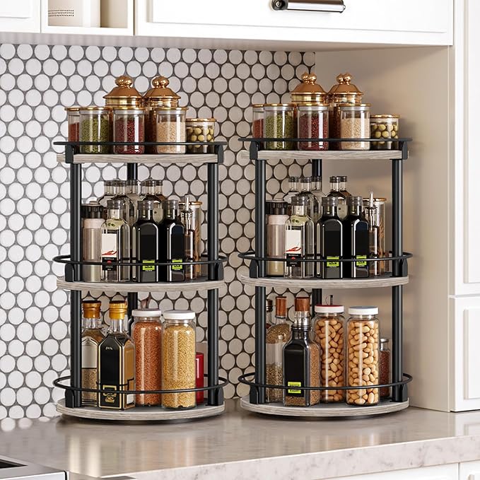 YATINEY Spice Rack, Set of 2 Lazy Susan Organizer, 3-Tier Turntable Organizer, Rotating Spice Rack Organizer For Cabinet, Compact and Versatile, Greige and Black SR23L2BG