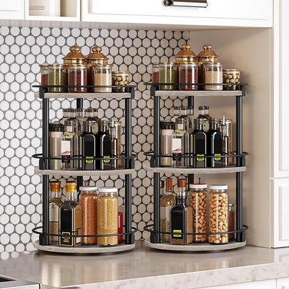 YATINEY Spice Rack, Set of 2 Lazy Susan Organizer, 3-Tier Turntable Organizer, Rotating Spice Rack Organizer For Cabinet, Compact and Versatile, Greige and Black SR23L2BG