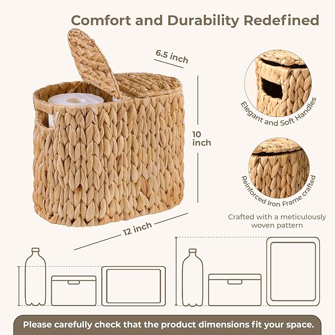 KOKODO Water Hyacinth Toilet Paper Storage Basket with Buit-in Handles, Free Standing with lid Storage Basket for Toilet Paper or Magazines, Toiletries, Cleaning Supplies Holder
