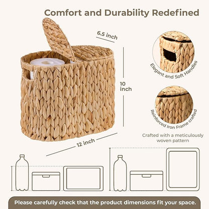 KOKODO Water Hyacinth Toilet Paper Storage Basket with Buit-in Handles, Free Standing with lid Storage Basket for Toilet Paper or Magazines, Toiletries, Cleaning Supplies Holder
