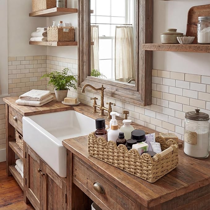 StorageWorks Toilet Paper Storage Basket, Toilet Basket with Wooden Handles, Small Wicker Decorative Scalloped Baskets for Organizing, Living Room, Top Tank, Brown Rope Baskets