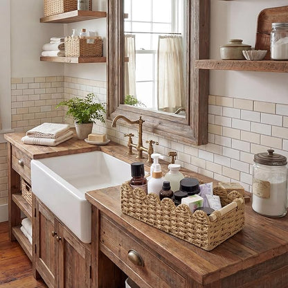 StorageWorks Toilet Paper Storage Basket, Toilet Basket with Wooden Handles, Small Wicker Decorative Scalloped Baskets for Organizing, Living Room, Top Tank, Brown Rope Baskets