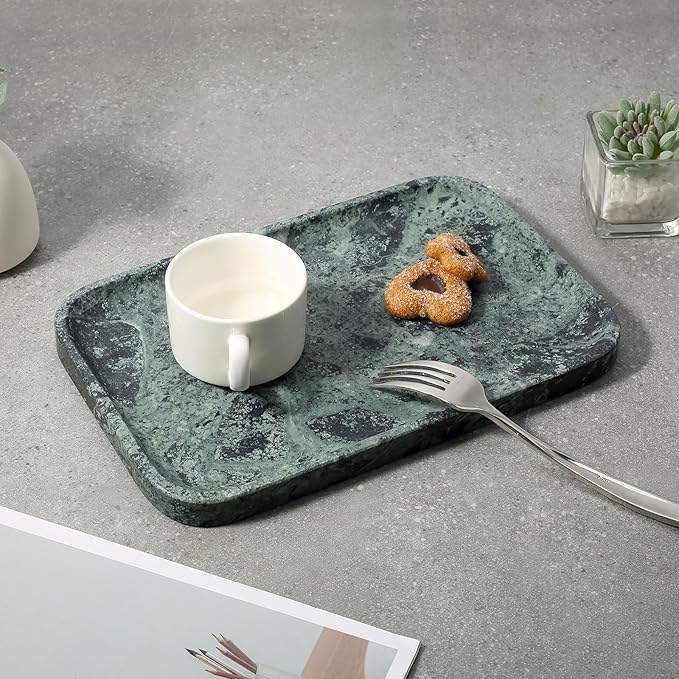 Koville Marble Tray, 12"x8" Marble Vanity Tray for Countertop Bathroom Kitchen Dresser, Decorative Catchall Trays for Perfume Jewelry, Rectangular Stone Serving Tray(Green)