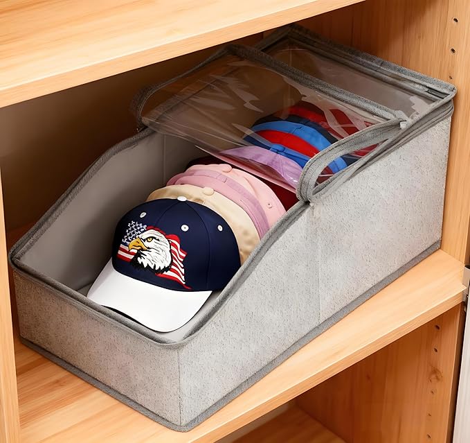 Stackable Hat Storage for Baseball Caps Clear Window Lid Large Space-Saving Hat Organizer for Closet, RV,Clothing Shelf, Sturdy Snapback Boxes Made of Breathable Fabric