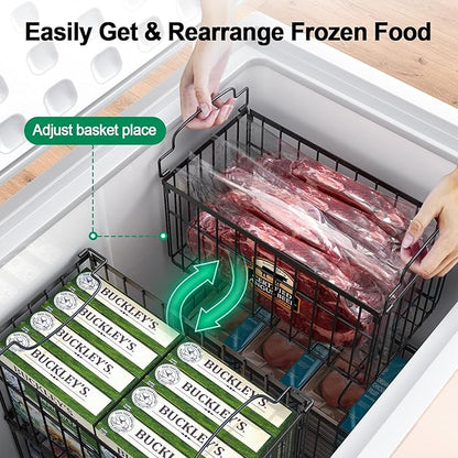 MSERCUOR Freezer Organizer Bins, 6 Pack Stackable Deep Chest Freezer Organizer Bins, Foldable Baskets with Handles, Black Storage Container Baskets for 5/ 7 Cu.FT Deep Freezer Sort Frozen Meats