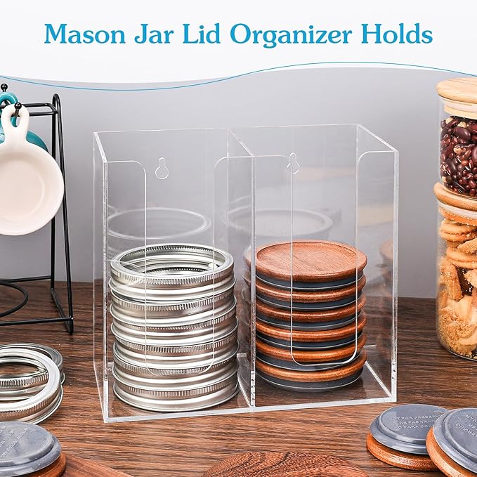 Acrylic Mason Jar Lid Organizer (Wide Mouth & Regular Mouth) 2 Compartment Cup Dispenser Organizer Ball Jar Wooden Storage Accessories for Kitchen Coffee Tumbler Lids, Fit Mason/Canning/Bamboo Lids