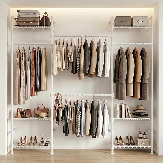 Wall Mounted Closet System – Adjustable Clothing Rack with 4 Expandable Rods & 6 Shelves, Heavy Duty Industrial Pipe Clothes Rack for Closet Organizer and Storage, White