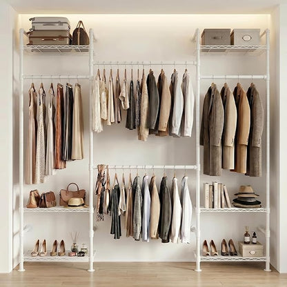 Wall Mounted Closet System – Adjustable Clothing Rack with 4 Expandable Rods & 6 Shelves, Heavy Duty Industrial Pipe Clothes Rack for Closet Organizer and Storage, White