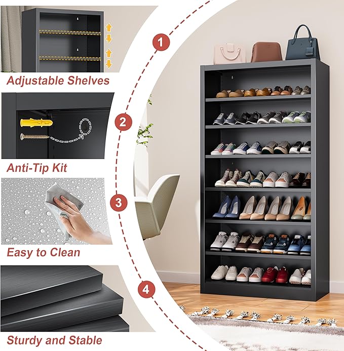 Tall Shoe Cabinet, 7 Tiers 30-35 Pairs Heavy Duty Metal Freestanding Shoe Rack, Vertical Shoe Storage Organizer with Adjustable Shelves, Shoe Shelf for Entryway, Bedroom (Black, 55" H)