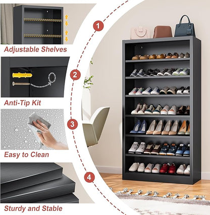 Tall Shoe Cabinet, 7 Tiers 30-35 Pairs Heavy Duty Metal Freestanding Shoe Rack, Vertical Shoe Storage Organizer with Adjustable Shelves, Shoe Shelf for Entryway, Bedroom (Black, 55" H)