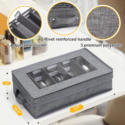 Silverware Storage Box, Flatware Storage, Utensil Storage with Removable Lid and Adjustable Dividers for Organizer Utensils, Cutlery, Flatware, Knives, Large Capacity Gray
