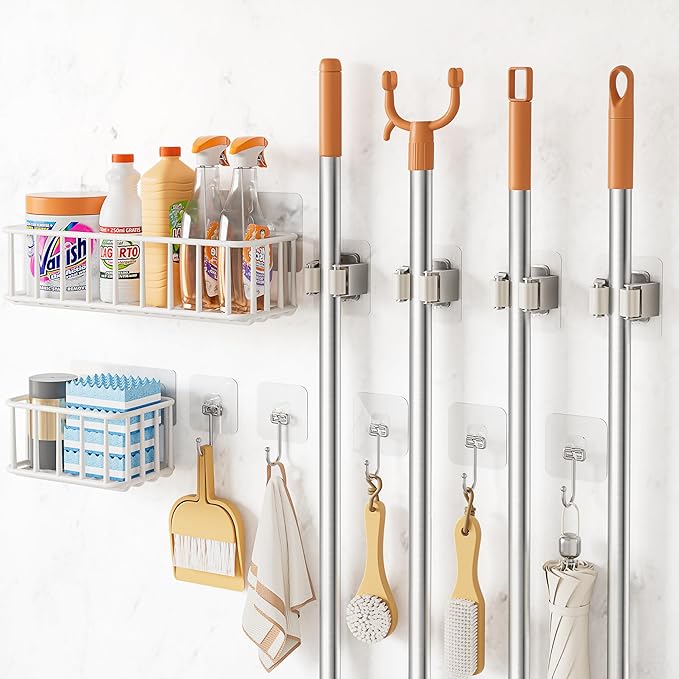 11 Pack Broom Holder Wall Mount Self Adhesive,Broom and Mop Organizer Wall Hanging with Cleaning Supplies Organizer and Utility Hooks Grippers,Broom Hanger Storage Rack for Closet Cabinet Laundry Room