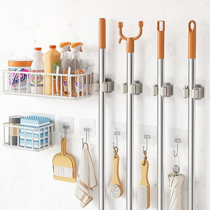 11 Pack Broom Holder Wall Mount Self Adhesive,Broom and Mop Organizer Wall Hanging with Cleaning Supplies Organizer and Utility Hooks Grippers,Broom Hanger Storage Rack for Closet Cabinet Laundry Room