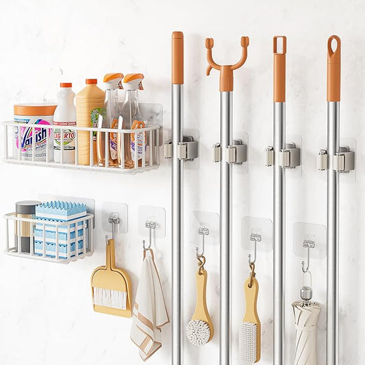 11 Pack Broom Holder Wall Mount Self Adhesive,Broom and Mop Organizer Wall Hanging with Cleaning Supplies Organizer and Utility Hooks Grippers,Broom Hanger Storage Rack for Closet Cabinet Laundry Room