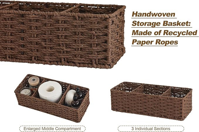 StorageWorks 3-Section Wicker Baskets for Shelves, Hand-Woven Round Paper Rope Storage Baskets, Walnut, 2-Pack