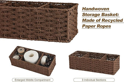 StorageWorks 3-Section Wicker Baskets for Shelves, Hand-Woven Round Paper Rope Storage Baskets, Walnut, 2-Pack