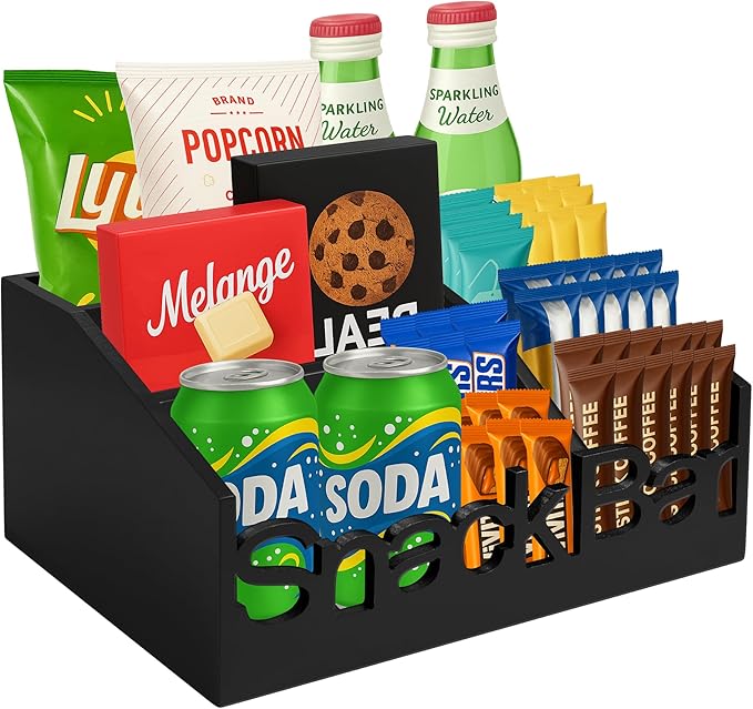 Snack Bar Organizer – Black 5 Compartment Station, Countertop Pantry Organizer for Kitchen, Office Food Holder, Candy Storage Bin, Display Stand, Cabinet Tray & Shelf