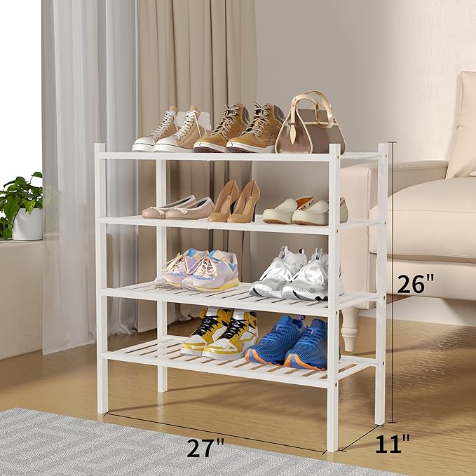 ROMGUAR CRAFT 4 Tier Bamboo Shoe Rack for Closet Free Standing Wood Shoe Shelf for Entryway Small Space Stackable 27"x11"x26" (White)