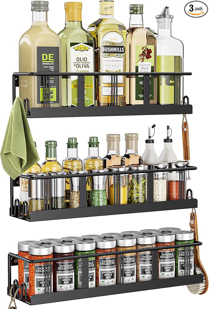 Bunoxea Spice Rack Wall Mounted 3 Pack, Space-Saving Spice Organizer for Spice Jars and Seasonings,Screw or Adhesive Hanging Spice Rack Organizer for Your Kitchen Cabinet,or Pantry Door