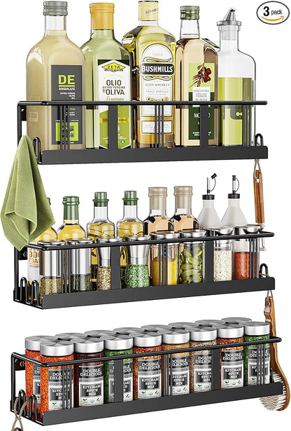 Bunoxea Spice Rack Wall Mounted 3 Pack, Space-Saving Spice Organizer for Spice Jars and Seasonings,Screw or Adhesive Hanging Spice Rack Organizer for Your Kitchen Cabinet,or Pantry Door