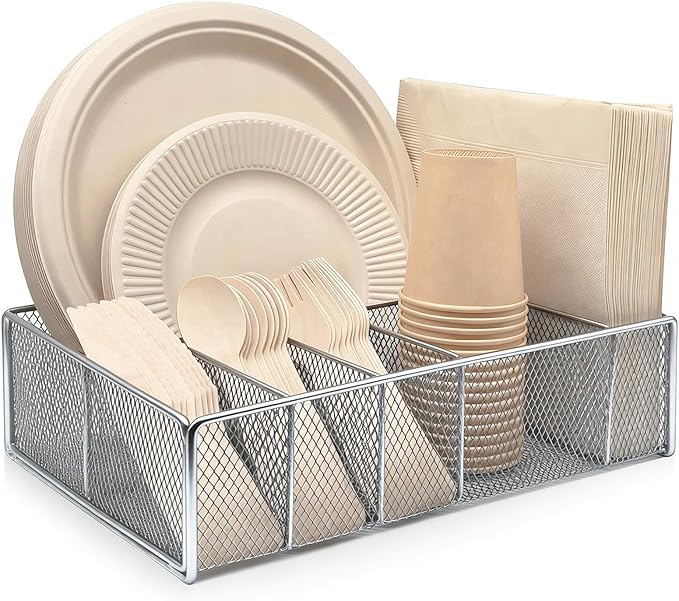 DysanVica Metal Paper Plate Holder - Utensil Silverware Caddy for Kitchen Counter Cabinet Cutlery Flatware Organizer Storage Dispenser for Plastic Spoon Fork Plates Napkins Cup Party Camping Silver